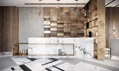 an elegant bathroom with marble flooring and chandelier