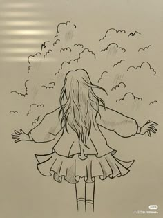 a drawing of a girl with her arms outstretched in front of the sky and clouds