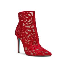 Betsey Johnson-Bolt Bootie Ready to shimmer in the Bolt bootie from Betsey Johnson? Meticulous rhinestone chop-out profile and mesh detailing can make anyone fall in love with the satin pump, elegantly lifted by a stiletto heel. Click here for Boot Measuring Guide. Red Rhinestone Boots, Red Bling Boots, Glamorous Red Boots, Betsey Johnson Bling Boots, Elegant Red Boots With 4-inch Heel, Satin Pumps, Platform Wedge Sandals, Rhinestone Designs, Womens Ankle Boots