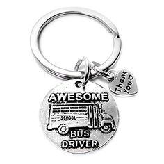 a keychain that says,'awesome bus driver'with an image of a bus