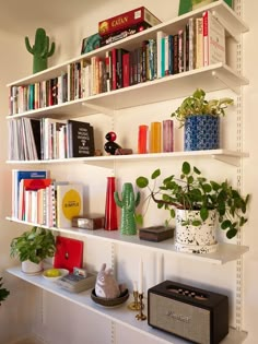 the bookshelf is filled with many different types of books and other decorative items