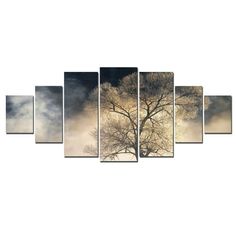 a white tree with fog in the background on a canvas wall art print, ready to hang