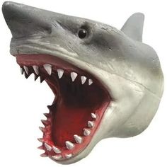 a close up of a fake shark head with its mouth open and teeth wide open