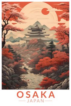 Retro art poster of Osaka Japan - a vibrant blend of culture, history, and modernity. 🏯🌸 Japan Tourism Poster, Japan Poster Vintage, Retro Japanese Poster, Japanese Graphic Poster, Japanese Poster Aesthetic, Japanese Retro Art, Japan Travel Poster, Korean Poster, Culture Poster