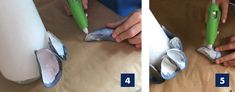 two pictures showing how to clean shoes with the help of an electric toothbrush and brush