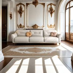 a living room with white couches and gold trim on the walls, along with large windows