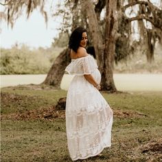 White Off Shoulder Women Gown Maxi Dress Long Gown Lined Fits True To Size No Stretch Maternity Lace Maxi Dress, Maternity Lace Floor-length Dress, Lace Maxi Maternity Dress, Fitted Lace Maternity Dress For Spring, Maternity Maxi Lace Dress, Spring Maternity Fitted Lace Dress, Summer Maternity Lace Maxi Dress, Maternity Summer Lace Dresses, Maternity Maxi Gown For Summer