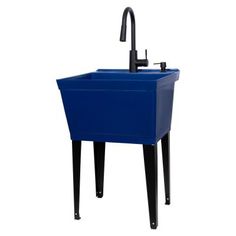 a blue sink sitting under a faucet on top of a black metal stand