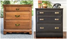 two different types of dressers side by side, one black and the other brown