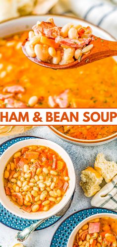 two bowls of ham and bean soup with spoons full of soup in the background