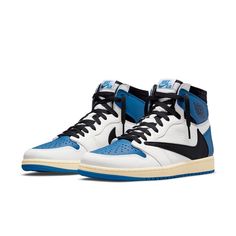 The Travis Scott x Fragment Design x Air Jordan 1 Retro High takes together two of Jordan Brand’s most influential partners. This AJ1 Retro features a White leather upper with a Blue toe box, heels, ankle flaps, and rubber outsole while having Travis’ signature flipped Black Swooshes on the sides. Moreover, adjacent to the Nike Air branding on the tongues is a banner that spells out “fragment design“. Stringing together its design are midsoles that come pre-yellowed and outsoles that are dialed to their titular shade. SKU: DH3227-105 Release Date: Jul 29, 2021 Color: Sail/Black-Military Blue-Shy Pink Doudoune The North Face, Dr Shoes, Popular Sneakers, Jordan 1 High Og, Air Jordan 3, Jordan 1 High, University Blue, Air Jordan 1 Retro, Jordan 1 Retro High