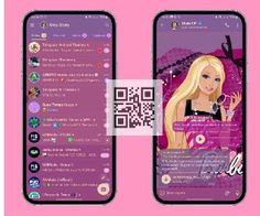 an image of barbie mobile phone with qr code on the screen and pink background