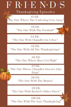 Friends Thanksgiving Episodes List Thanksgiving shows tv shows Friends tv show Gossip Girl Thanksgiving Episodes, Thanksgiving Friends Episodes, Thanksgiving Tv Shows, Friends Tv Thanksgiving, Friends Episodes List, Friends Thanksgiving Episode, Thanksgiving Episodes, Friends Thanksgiving Episodes, Friends (tv Series)