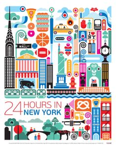 an illustrated poster with the words 24 hours in new york on it's side