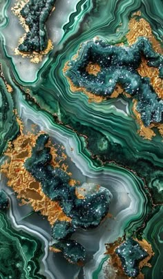 an abstract painting with gold and green colors on it's surface is shown in this image