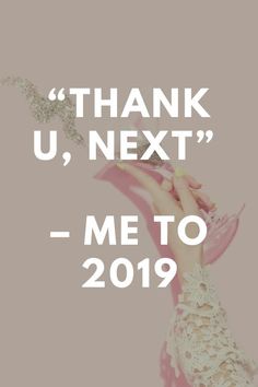 a woman in a pink dress is holding her hand up with the words thank u next me to 2019