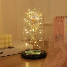 a lighted rose in a glass dome on a desk next to a notepad and calendar