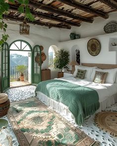 a bedroom with a large bed and green doors