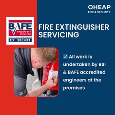 an advertisement for fire extinguisher services with the caption'all work is undertaken by bsi & baf accepted engineers at the