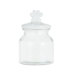 a clear glass jar with a small white dog paw on it's top and bottom