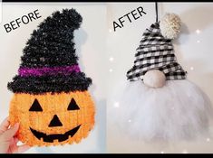 two halloween decorations hanging on the wall, one with a pumpkin and another with a witch hat