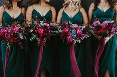 the bridesmaids are wearing green dresses with purple and red flowers in their bouquets