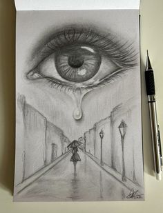 a pencil drawing of an eye with a person walking down the street in front of it