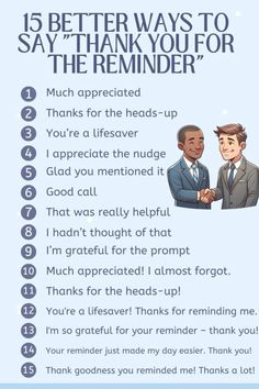 a poster with the words, 15 better ways to say thank you for the reminder