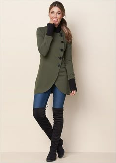 Venus Clothing, How To Stretch Boots, Komplette Outfits, Online Fashion Stores, Mode Inspiration, Jacket Buttons, Womens Fashion Trends, Jacket Style, Coat Dress