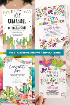 the fiesta bridal shower party is set up with colorful flowers and cacti