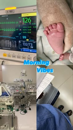 a baby laying on top of a hospital bed next to a monitor