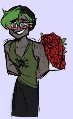 a drawing of a woman holding a bunch of roses in her hand and wearing goggles