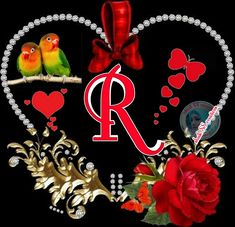 the letter a is surrounded by hearts and birds, with red roses in the foreground