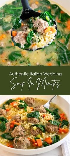 italian wedding soup with meatballs and spinach in a white bowl on a table