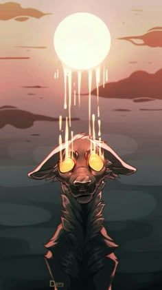 an animal with yellow eyes is standing in front of the sun and has it's head above water