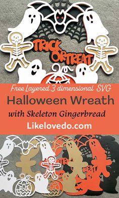 halloween wreath with skeleton gingerbread cutouts on it and the words trick or treat