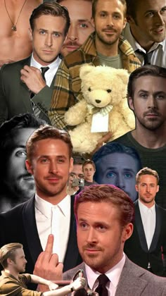 a collage of men in suits and one with a teddy bear on his chest