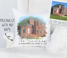 This custom home pillow is the perfect housewarming gift for any new home owners.
These make a great and unique closing gift from their Realtor!
These are a beautiful keepsake home décor item that will be forever cherished, a perfect addition to any home! Personalized Dog Bowls, New Home Owner, Watercolor House, New Home Owners, Custom House Portrait, Home Pillow, House Portrait, First Home Gifts, Realtor Closing Gifts