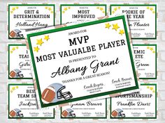 the most valuable player award certificate for football players is shown in green and white with gold stars