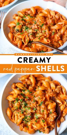 Looking for hearty dinner recipes? You're just 30 minutes away from these red pepper shells! Cooked with Italian sausage in a creamy red pepper sauce, these pasta shells are a perfect comfort food idea! Red Pepper Cream Sauce, Pepper Cream Sauce, Shell Pasta Recipes, Sausage Parmesan, Red Pepper Pasta, Pasta Shells, Best Pasta Recipes, Stuffed Shells Recipe, Roasted Red Pepper