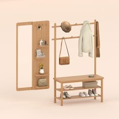 a wooden shelf with shoes and purses on it next to a wall mounted coat rack