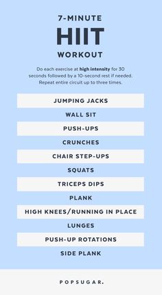 the 7 minute hiit workout plan is shown in blue and white, with instructions for each