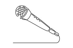 a black and white line drawing of a microphone on a stand, with the sound being recorded