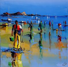 a painting of people walking on the beach