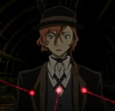 an anime character with red hair wearing a suit and tie, standing in the dark