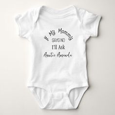 Funny Baby Bodysuit for Soon to be Aunt. Click on "Personalize" to change text, for additional customization (font color, font style, remove or move text, add photo), scroll down on "Personalize" and click on link "Edit using design tool" Funny Aunt Shirts For Babies, Auntie Nephew Shirts, Baby Onsies Ideas Funny, Aunt Things, Aunt Baby Clothes, Baby Clothes Funny, Nephew Shirts, Making Baby Clothes, Onesie Ideas