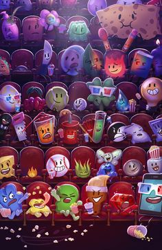 an animated movie theater filled with lots of cartoon characters and popcorn buckets on the seats