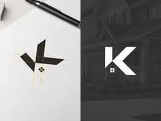 the letter k is drawn on paper next to a pen and pencil with a house in the background