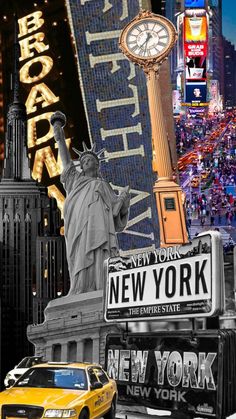 the statue of liberty stands in front of new york city's empire building and times square