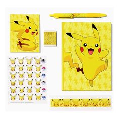 a yellow pokemon stationery set with stickers and pens